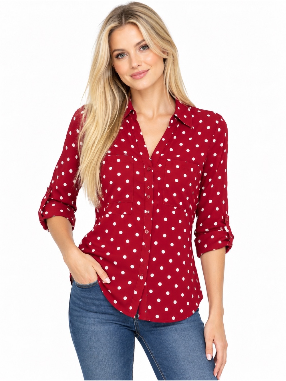 Express Red White Polka Dot Button Front Blouse